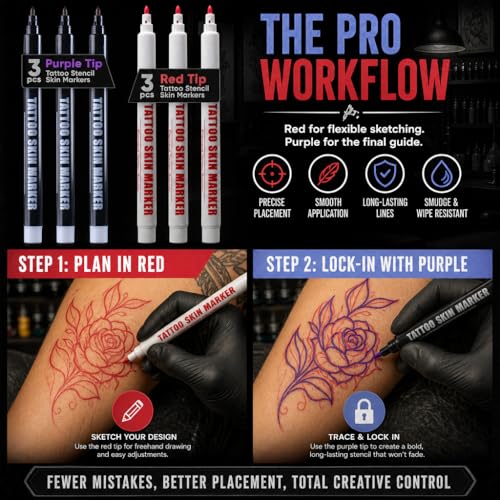 Element Tattoo Supply 6 Pack Body Markers in Red & Purple - Bold Tip Skin Pens for Temporary Tattoos & Body Art