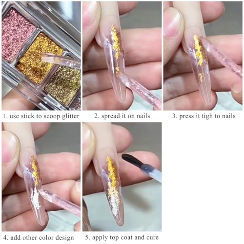Fcozpjk Metallic Nail Art Glitter Set with Gold Chrome Flakes – 6 Colors, Mud Texture, Gold Leaf & Chameleon Chrome for Nails