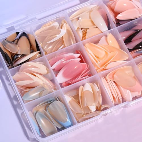 WUHCIM Style-20 French Tip Press-On Nails Set - Medium Almond Reusable Fake Nails with Color Tips