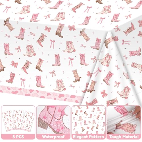 3-Piece Cowgirl Tablecloth Set with Pink Bows - Disposable Party Decor