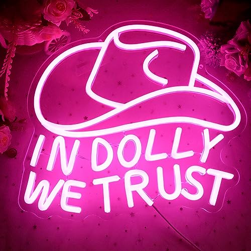 In Dolly We Trust Neon Sign - Pink Cowgirl Hat LED Wall Art