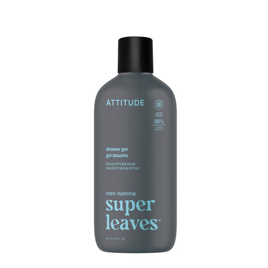 ATTITUDE Shower Gel Body Wash for Men, 98% Natural Origin Ingredients, Paraben & Phthalate Free, EWG Verified, Cleanses Without Drying, Eucalyptus & Sage,14 Fl Oz
