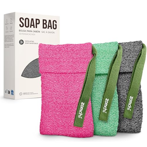 ZOMCHI Exfoliating Soap Saver Bag – 3 Pack (Pink, Mint, Gray)