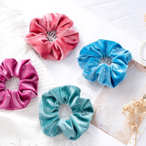 Lolalet Large Velvet Scrunchies Pack of 4 - Multi Color Hair Bands for Women & Girls, Thick Curly Hair Ponytail Holders - Style C Blue, Pink, Purple