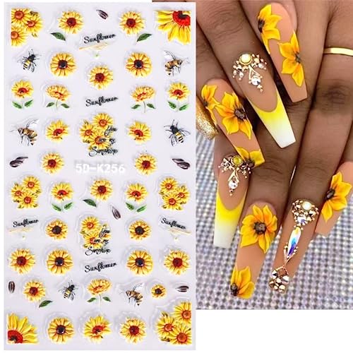 Puyokinm 5D Embossed Sunflower Nail Stickers Self-Adhesive Floral Summer Nail Decals for Women Girls 4 Sheets