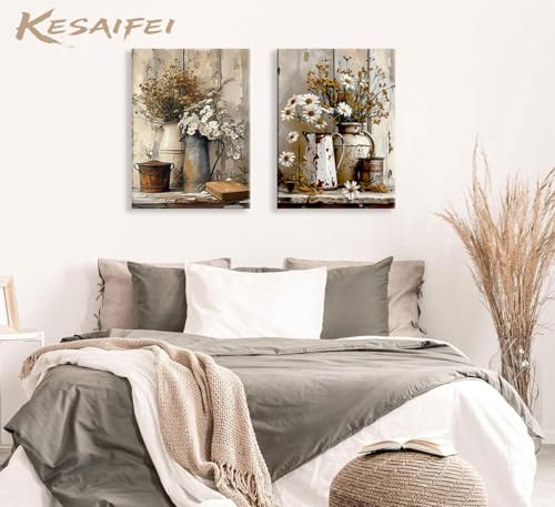 Farmhouse Daisy Canvas Wall Art Set - Vintage Floral Prints 12x16