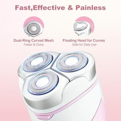 Electric Razors for Women, Rechargeable Painless Shaver for Women,LED Display Wet & Dry Waterproof Electric Razors for Body Face Legs Underarms and Bikini Area,Pop-Up Trimmer Light Pink