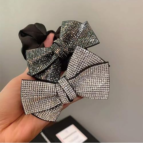 CJKDXDH 2 Pack Large Rhinestone Bow Scrunchies for Women Girls Black Shiny Crystal Hair Ties