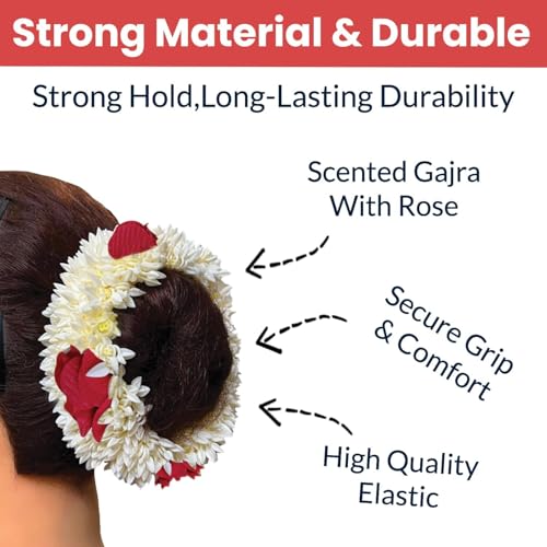 Sniptrend Mogra Scented Hair Rubber Band Gajra with Jasmine Flower Design - 1 Pack of 1, White & Red Petals, Traditional Hair Accessory for Women & Girls
