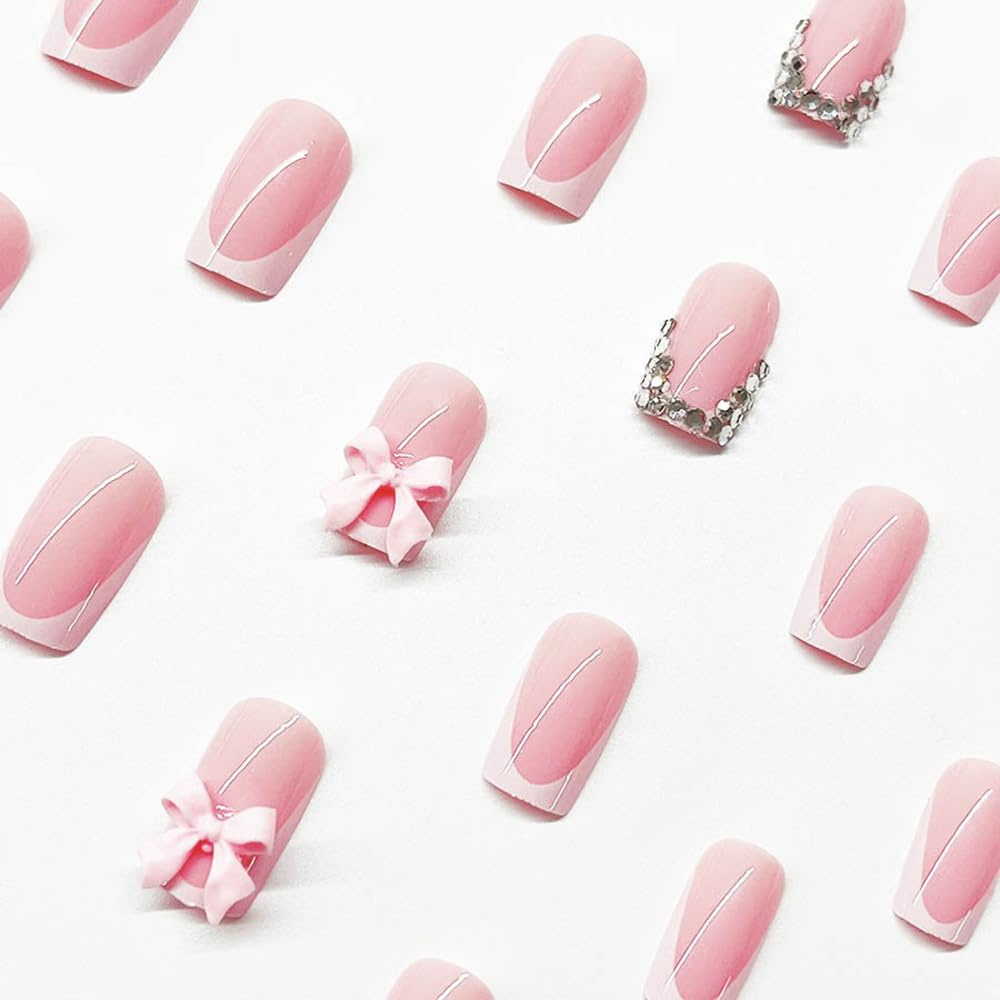 White French Tip Press-On Nails - 24 Pcs Medium Coffin Design with Bow Charms & Rhinestones | Pink Acrylic Full Cover