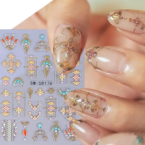Bohemian Nail Decals 2 Sheets Sun & Moon Embossed Star Stickers Self-Adhesive