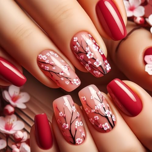TBRZTR Medium Red Floral Press On Nails - Glossy Coffin Style