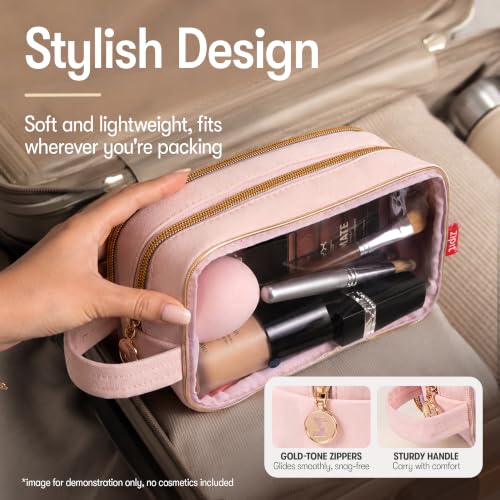 ZIPIT Pink Travel Makeup Bag with 3 Compartments & Clear Window - Large Toiletry Organizer