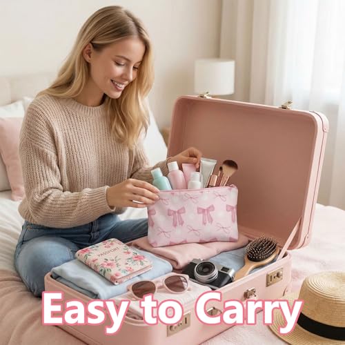 10-Pack Pink Bow Makeup Bags - Durable Canvas Cosmetic Pouches for Gifts