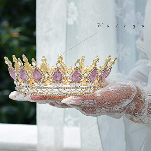 Foyte Pink Baroque Queen Crown Tiara for Wedding Brides Headpiece Rhinestone