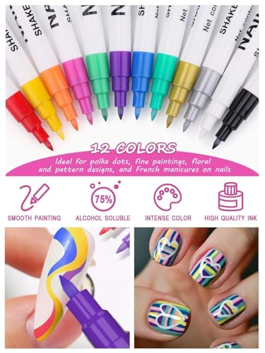 Kalolary 12-Color 3D Nail Art Pens Set for Creative Designs