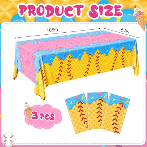 3 Pack Baseball Ice Cream Drip Disposable Tablecloths - 54x108 Inches