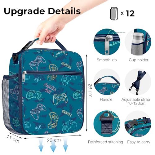 Clastyle Gamer Lunch Bag | Insulated Blue Gamepad Lunch Box for Kids