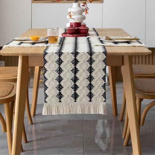 Boho Macrame Table Runner with Tassels - 72" Black & White