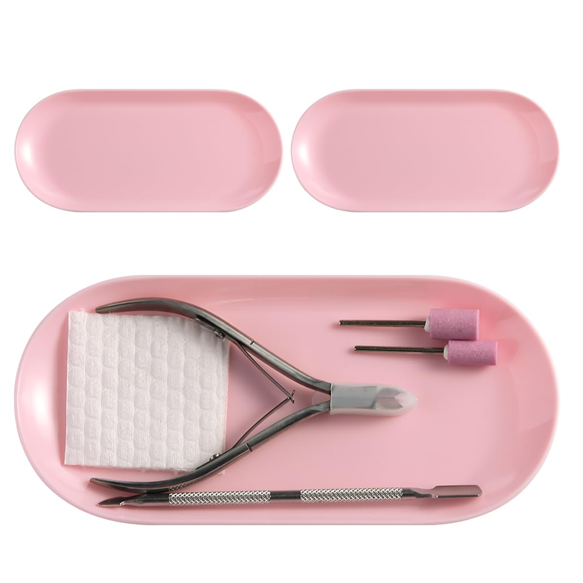 3Pcs Manicure Tools Storage Tray, Oval Plastic Storage Dish Nail Art Accessory Display Trays, Jewelry Rhinestone Organizer Plate, Makeup Cosmetic Nail Decorations Storages Plate（Pink）
