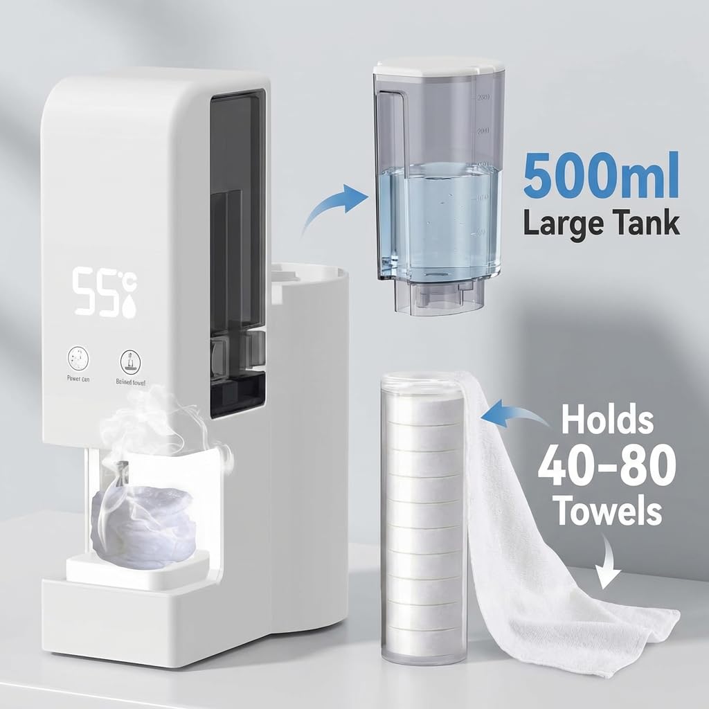 Automatic Hot Towel Dispenser, Hot Face Towel Dispenser, 131 °F Adjustable Constant Temperature, Disposable Towel Heating Machine, Smart Voice Alerts for Bathrooms, and Homes (White)