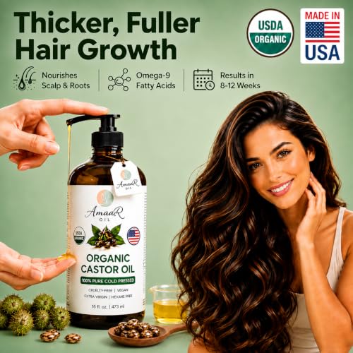 AMAAR USDA Organic Castor Oil - Cold Pressed, Unrefined, 8 oz