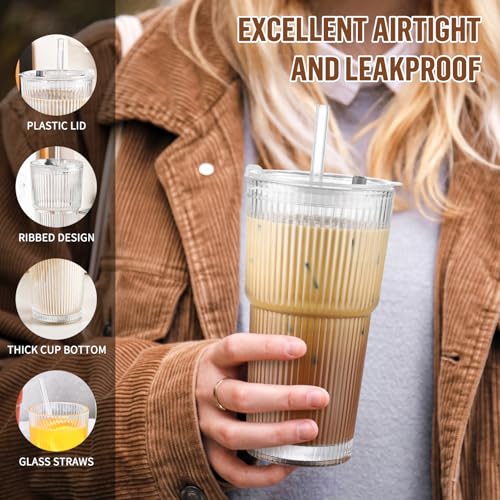 CWHHRN 20 Oz Glass Cups with Lid & Straw - Set of 2
