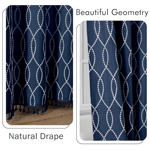 Navy Blue Shower Curtain with Tassels, 72x72 Inches, Boho Vintage Design