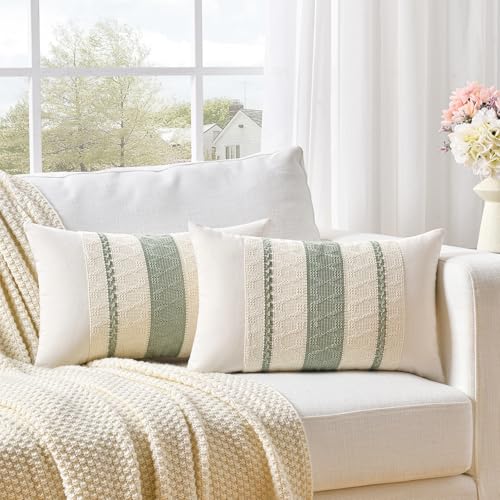 Sage Green Boho Lumbar Pillow Cover 12x24 Inch - Rustic Chic