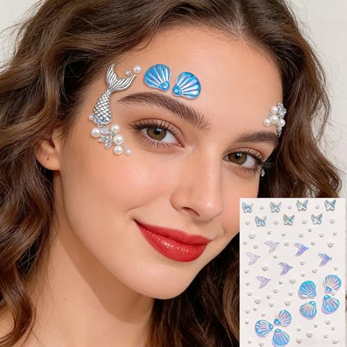 WIWUFUE Mermaid-Blue Face Gems & Seashell Rhinestones - Waterproof Self-Adhesive Body Art for Festival, Rave & Cosplay