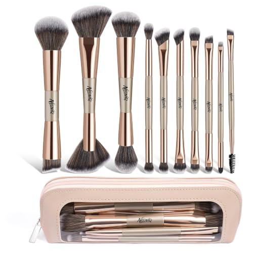 NEONIQ 10-Piece Dual-Ended Makeup Brush Set with Travel Bag