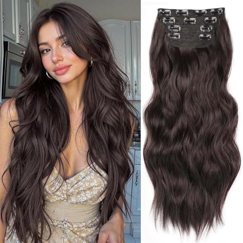 Perience 20-Inch Long Wavy Clip-In Hair Extensions - Dark Brown 4-Piece Set