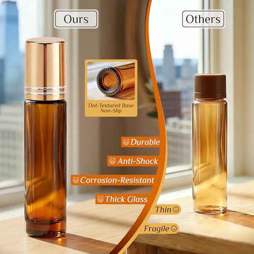 PrettyCare 4 Pack Amber Glass Oil Roller Bottles - 10ml Leak-Proof