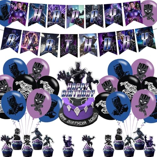Panther of Black Birthday Party Supplies Set - Banner, Cake Topper, 12 Cupcake Toppers & 18 Balloons