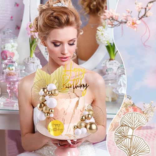 Elegant White Gold Balls Cake Toppers with Palm Leaves Set