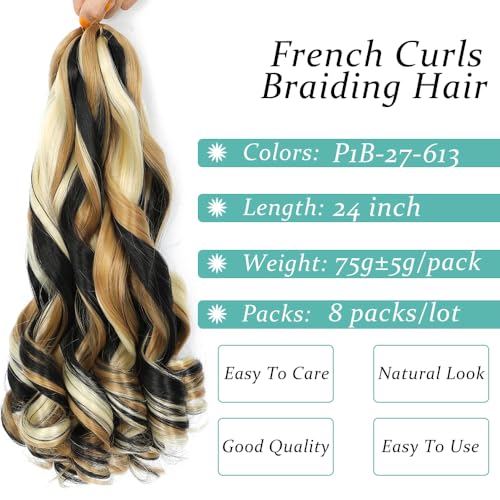 French Curl Braiding Hair,24 Inch Curly Hair 8 Packs Bouncy Crochet