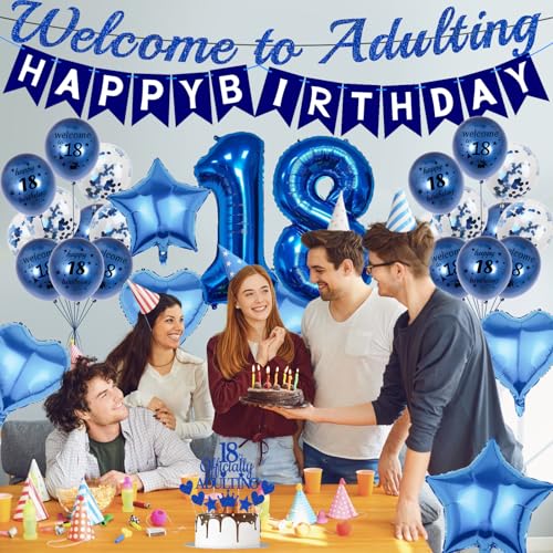 Blue Happy 18th Birthday Decorations Kit - 31 Pcs Balloons & Banner