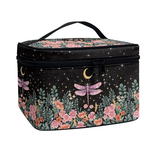 Dragonfly Floral Moon Makeup Bag - Large Capacity Travel Cosmetic Case
