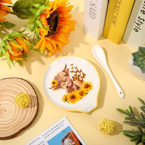 Highland Cow Spoon Rest with Sunflower & Butterfly Design - 4.7in