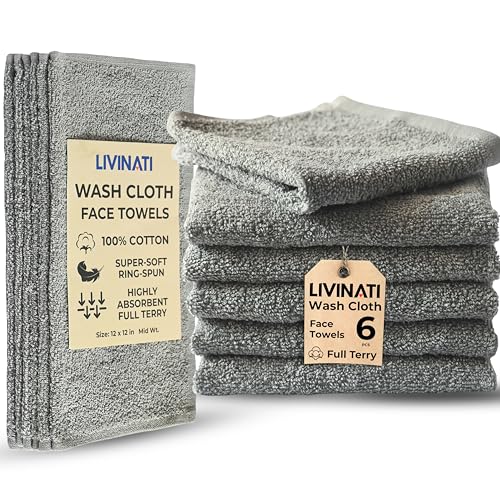 LIVINATI Soft Cotton Wash Cloths - 12 Pack, 12"x12" for Face & Body