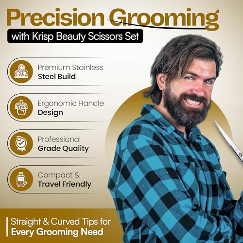 Krisp Beauty Stainless Steel Grooming Scissors Set - 4.5" Facial Hair, Nail & Cuticle Trimming Kit
