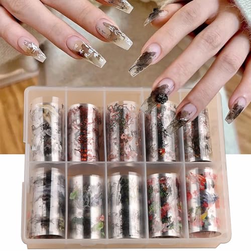 Chinese Style Nail Foil Transfer Stickers - Plum Orchid Bamboo Pattern, 10 Rolls