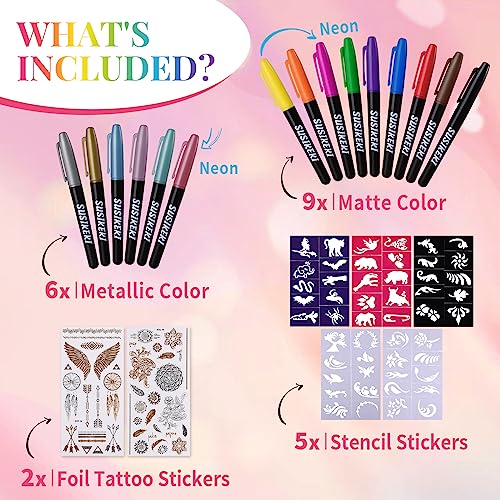 SUSIKEKI Temporary Tattoo Marker Set, 15 Single-Ended Pens with Stencils