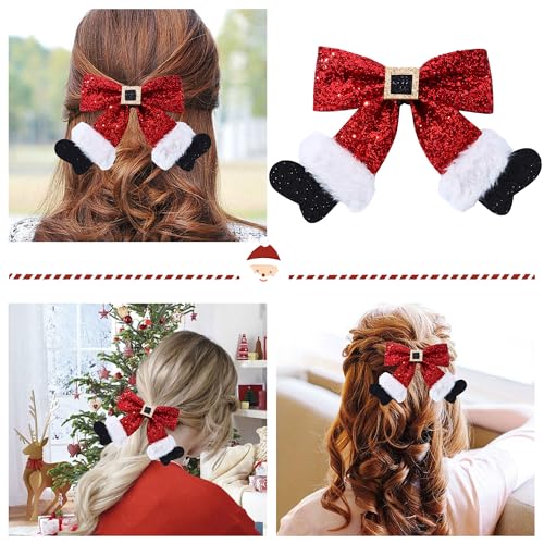 Beleki Red Glitter Christmas Hair Bow Clips for Girls & Women, Sparkly Sequin Santa Boot Style, 5 Inch Alligator Hairpin, Holiday Hair Accessories