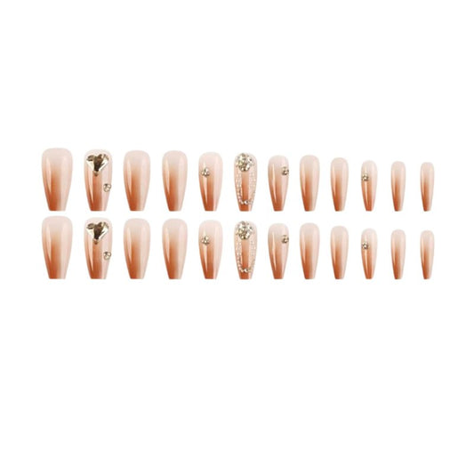 Nail Art Luxury Beige Press On Nails - 24Pcs Long Coffin Fake Nails With Rhinestones, Reusable 3D Crystal Glossy Glue on Nail Kit, Professional False Nails for Women and Girls With Glue and File