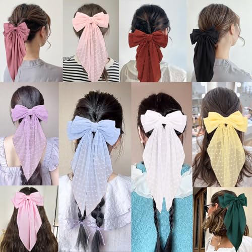 MRJ 4Pcs Big Chiffon Hair Bows for Women & Girls - Black, White, Beige, Light Pink