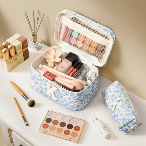 Tiblue Personalized Initial Quilted Makeup Bag Set - 3-Piece Cosmetic Organizer