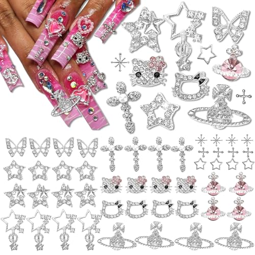 Namifin Silver 48PCS Y2K Nail Charms & Gems for Nail Art, 3D Star Butterfly Planet Cross Designs