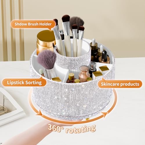 Bling Diamond Makeup Brush Holder - 360° Rotating Organizer in Diamond White