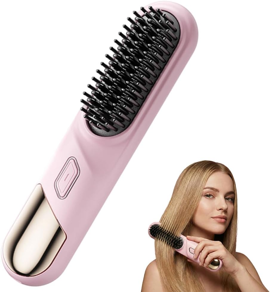 Portable Hair Straightener Brush - Cordless Ionic Comb for Short Hair | MCH Heating, 4 Temp Settings (Pink)
